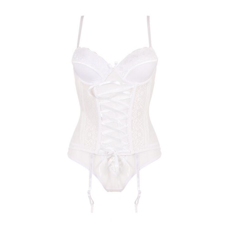 F5390-1Lace Mesh Bustiers With Garters And Thong